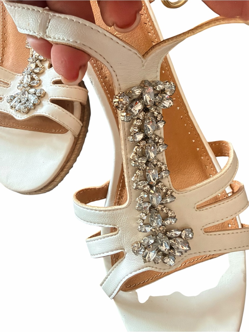 White  Adrienne Vittadini Jeweled T-Strap Women's Sandals